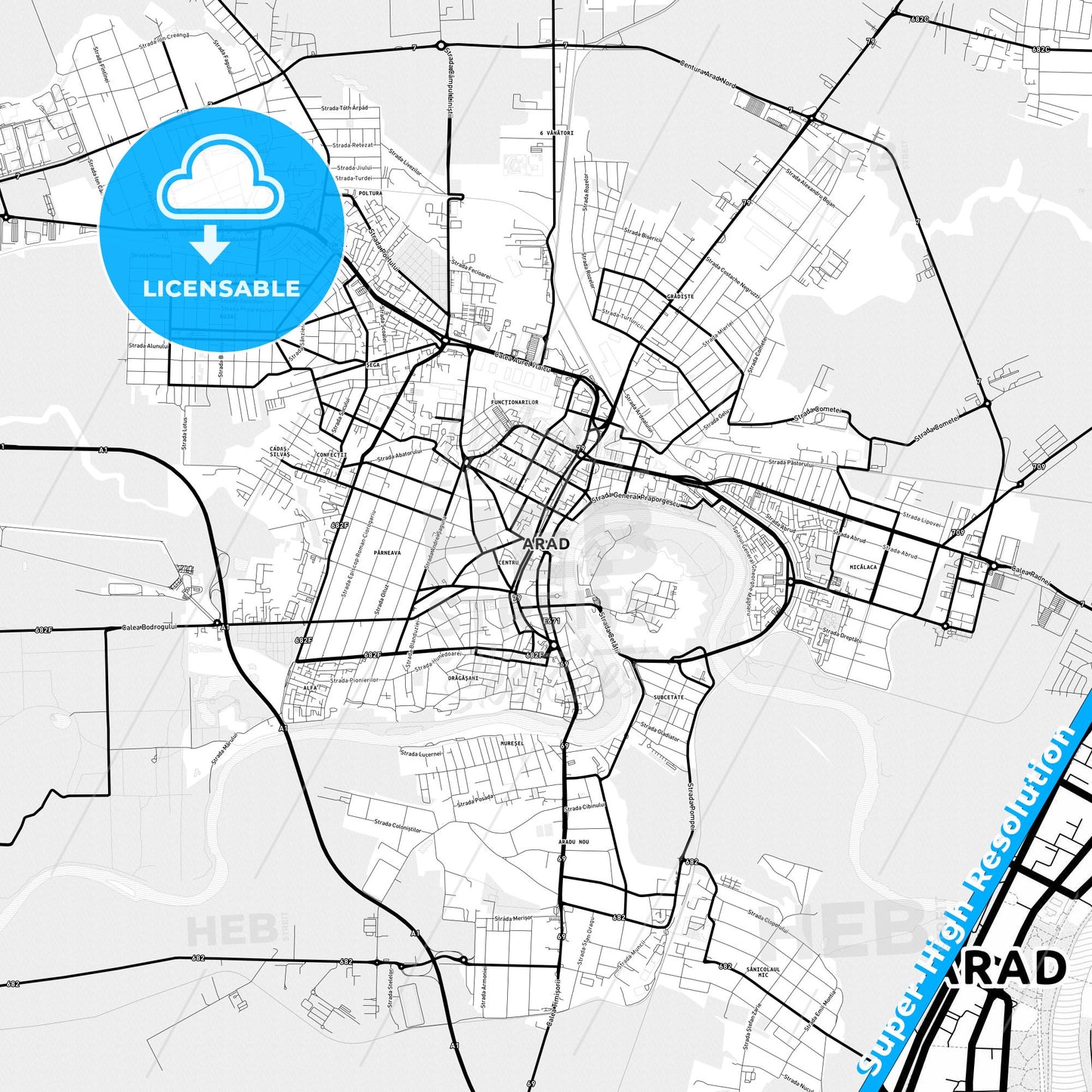 Arad, Romania Light Map with Street Names, City Names, and Districts