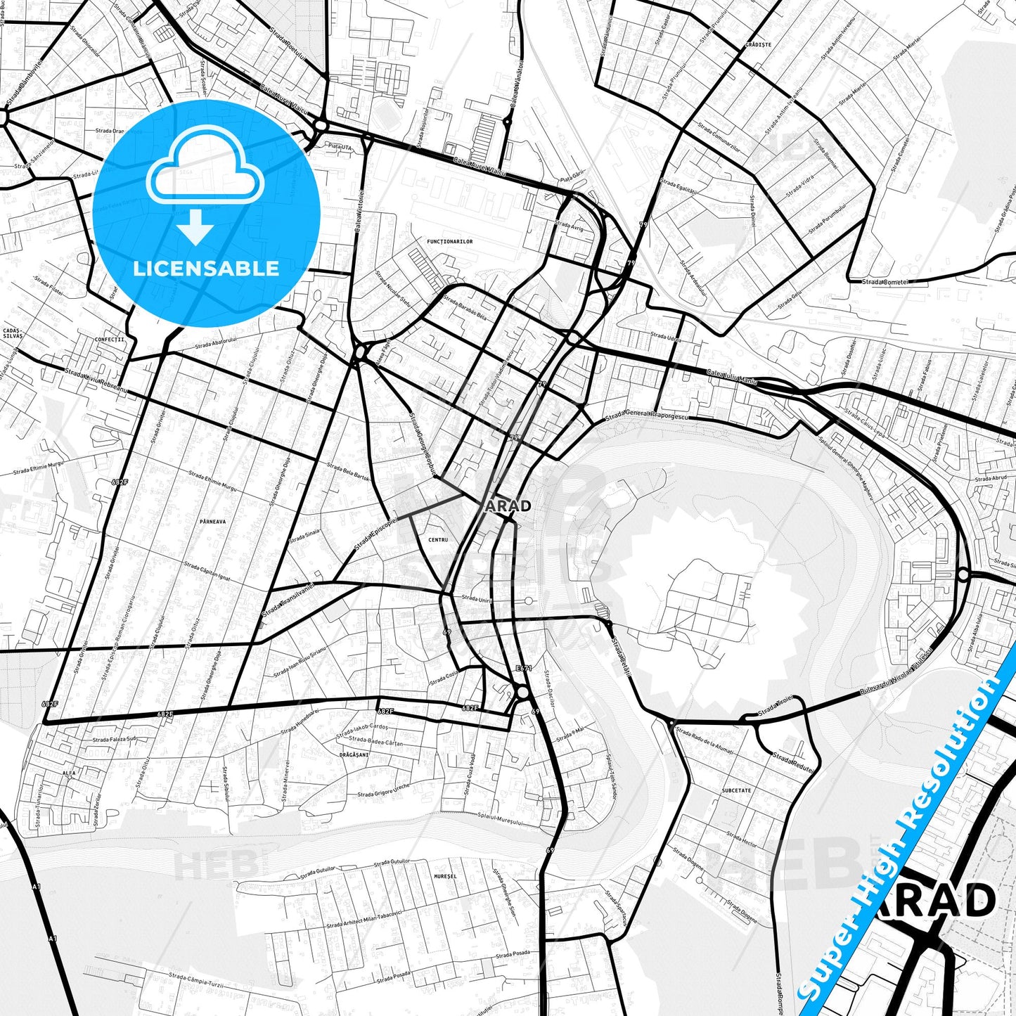 Arad, Romania Light Map with Street Names, City Names, and Districts