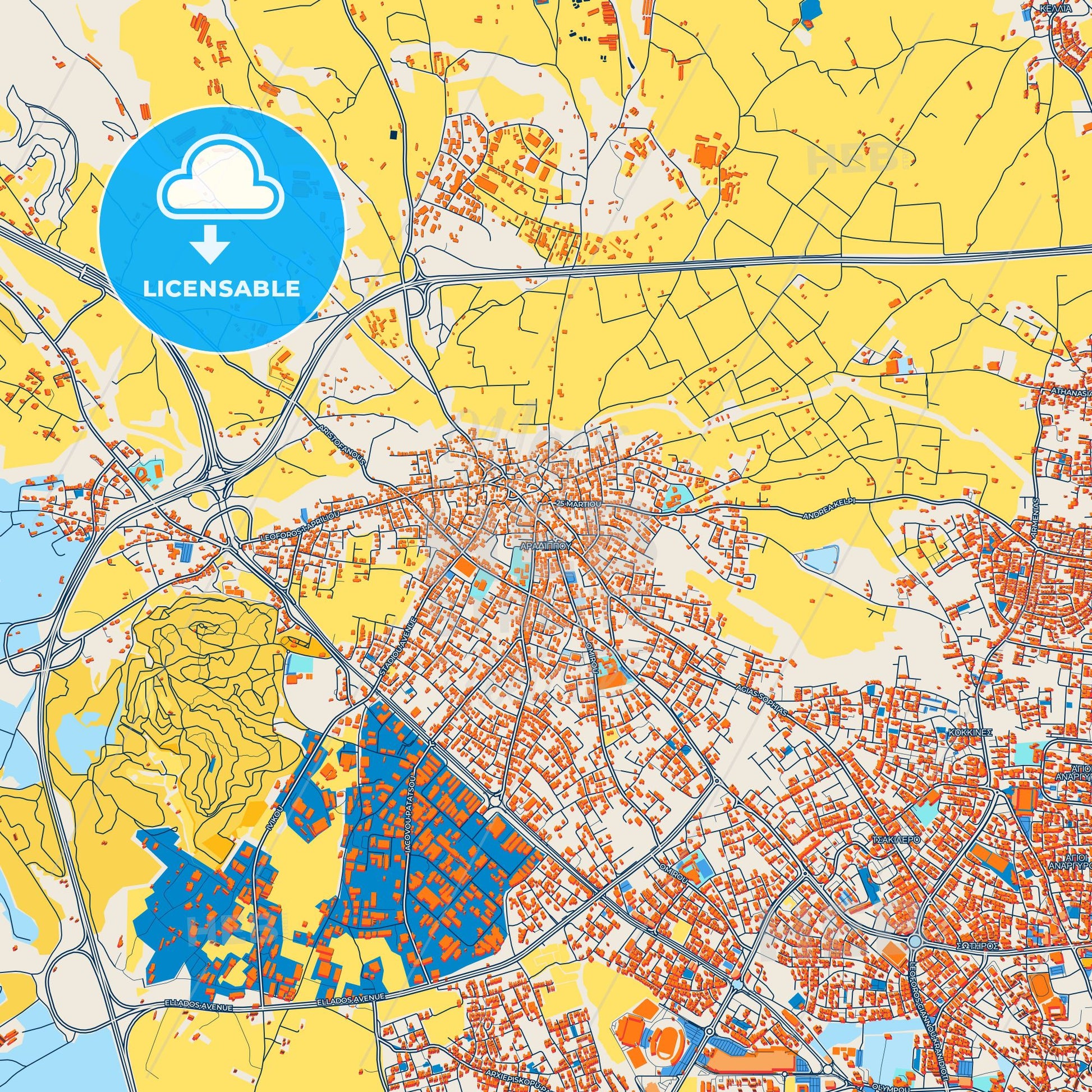 Colorful Aradíppou   Street Map with Labels and Buildings