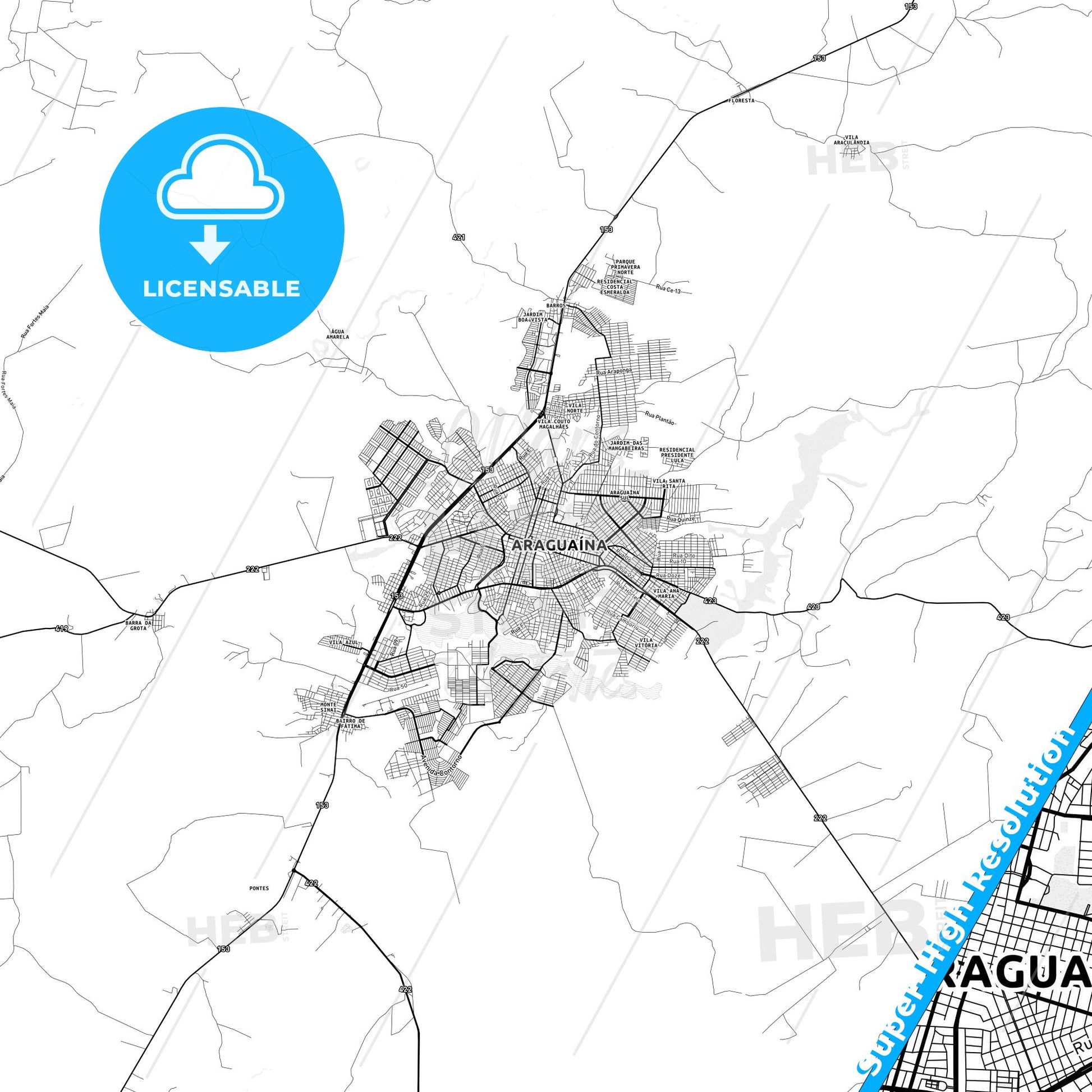 Araguaina, Brazil light map with streetnames, citynames and districts