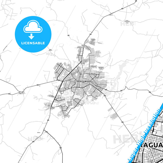 Araguaina, Brazil light map with streetnames, citynames and districts