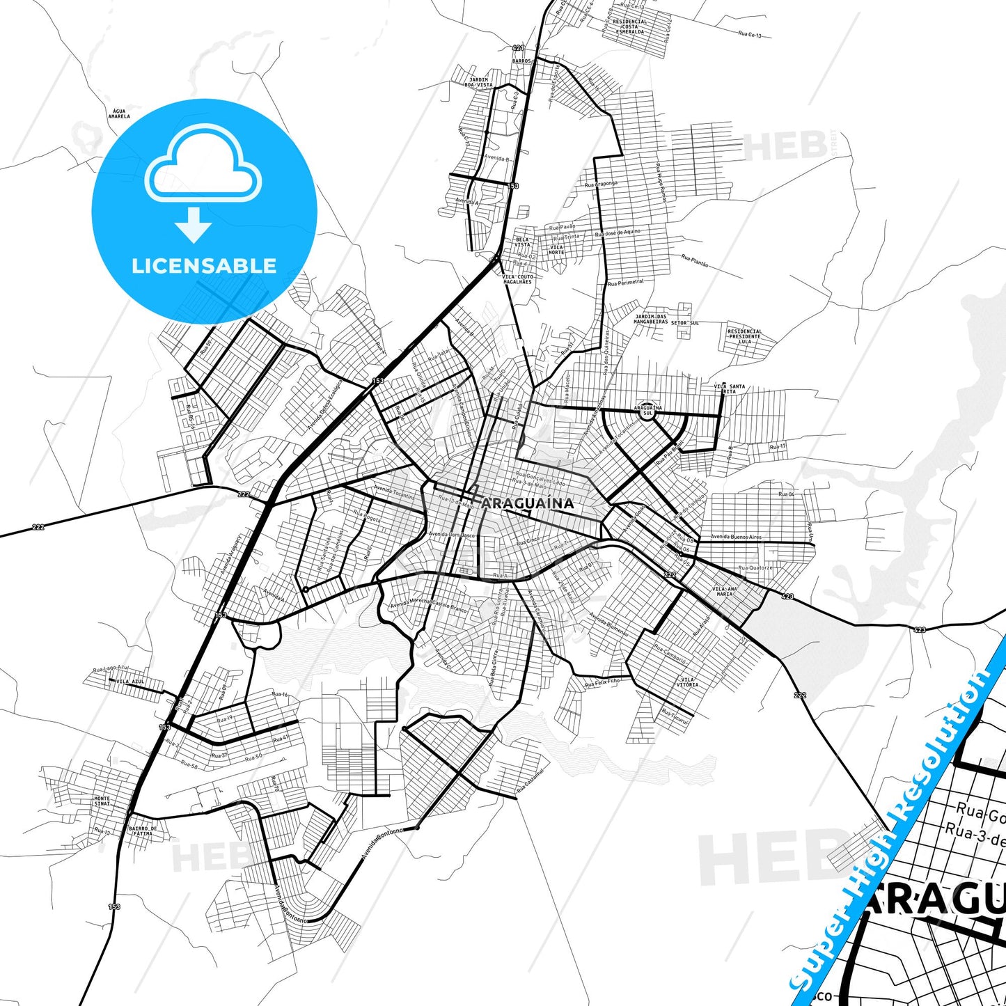 Araguaina, Brazil Light Map with Street Names, City Names, and Districts