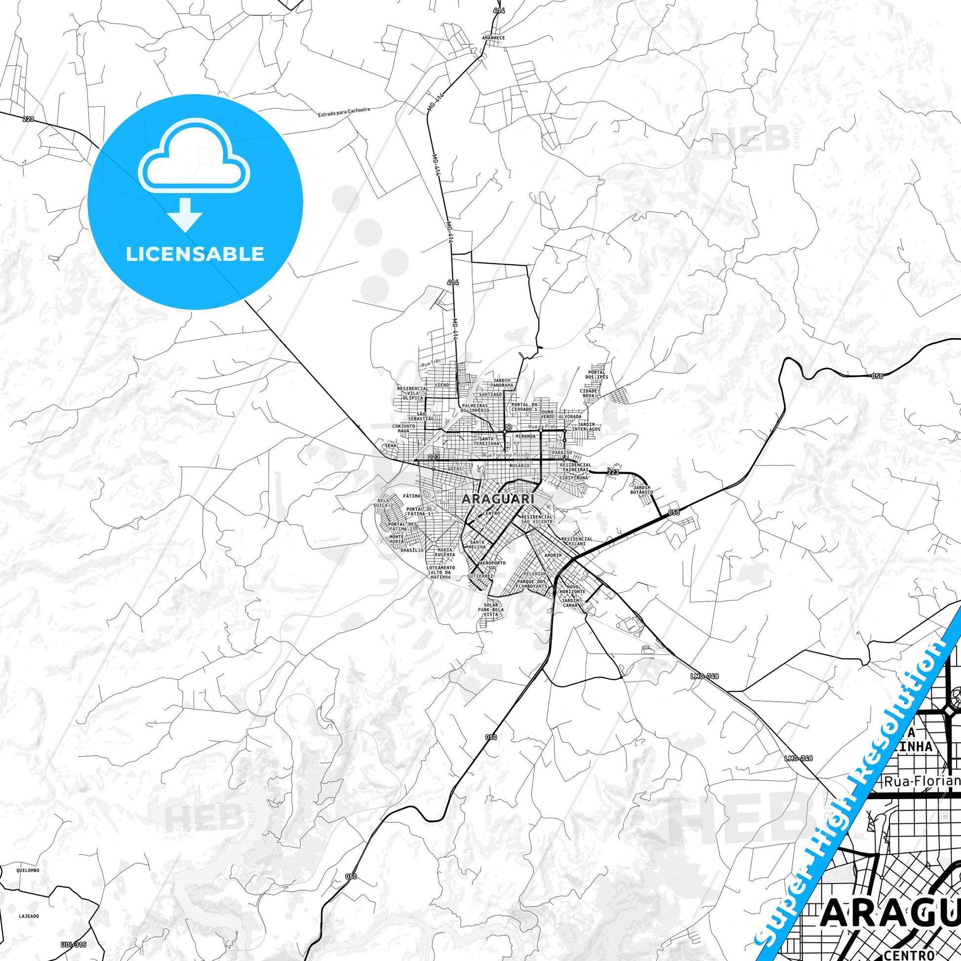 Araguari, Brazil light map with streetnames, citynames and districts