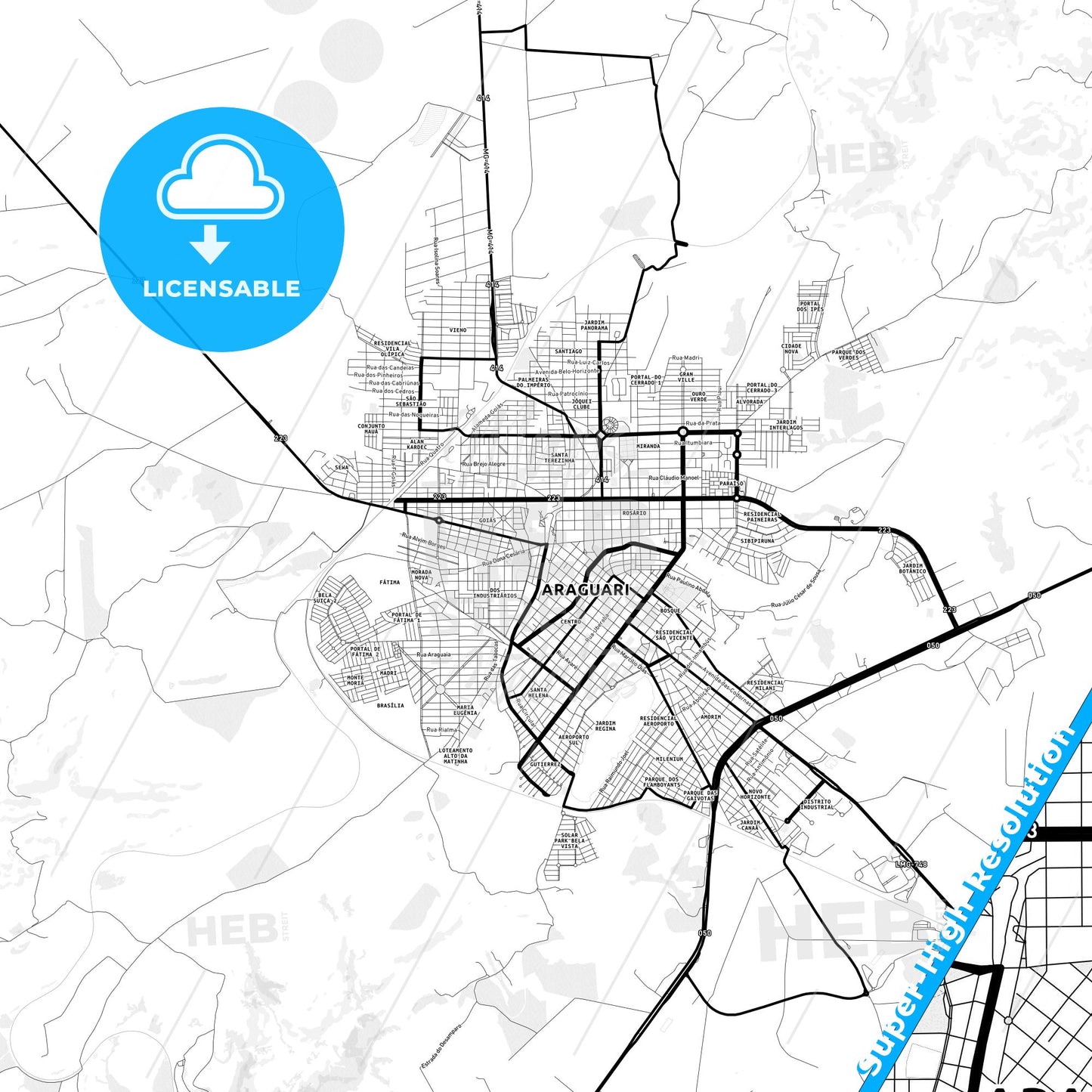 Araguari, Brazil Light Map with Street Names, City Names, and Districts