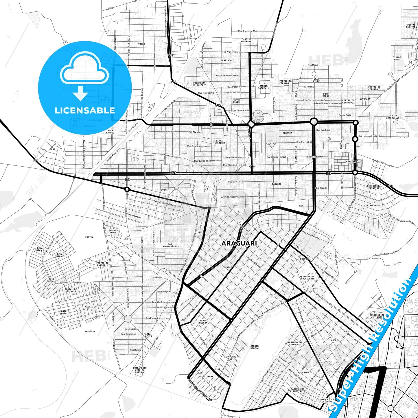 Araguari, Brazil Light Map with Street Names, City Names, and Districts