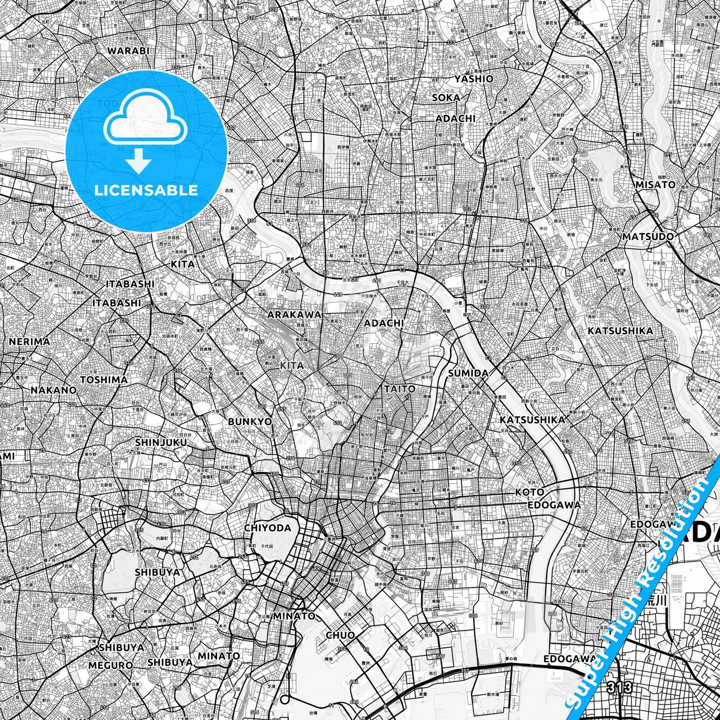 Arakawa, Japan light map with streetnames, citynames and districts