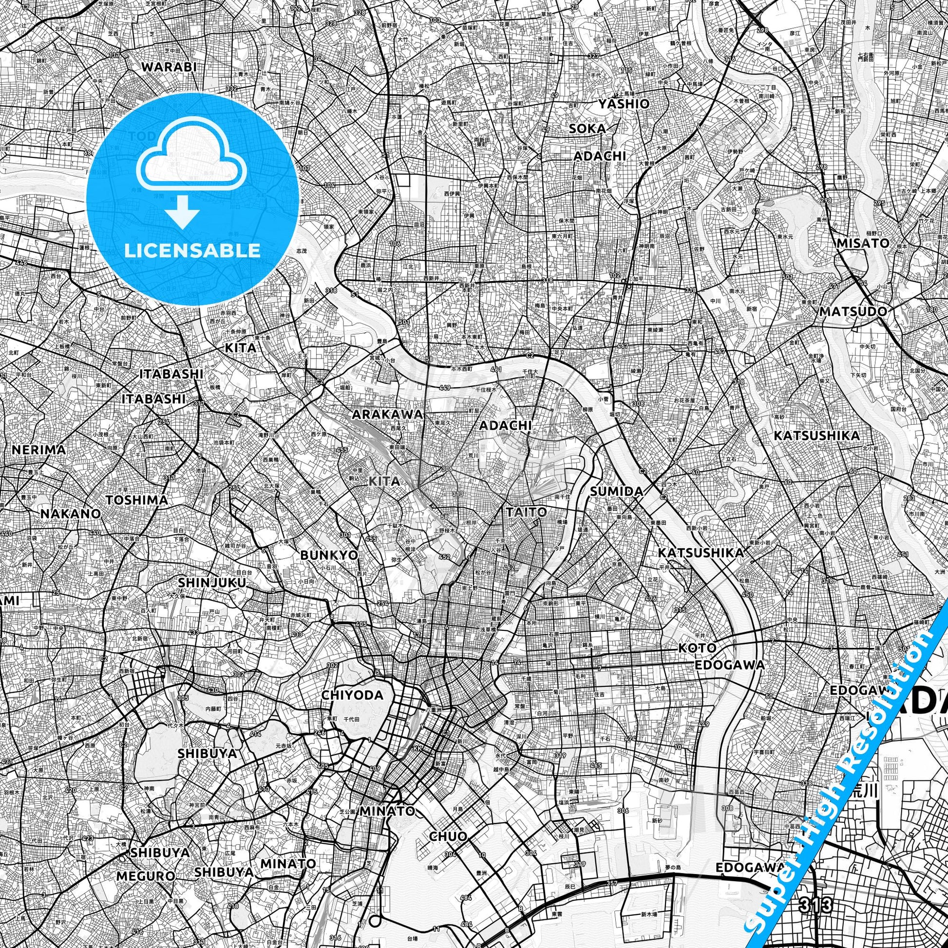Arakawa, Japan light map with streetnames, citynames and districts