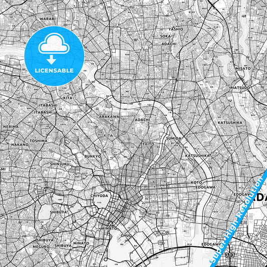 Arakawa, Japan light map with streetnames, citynames and districts