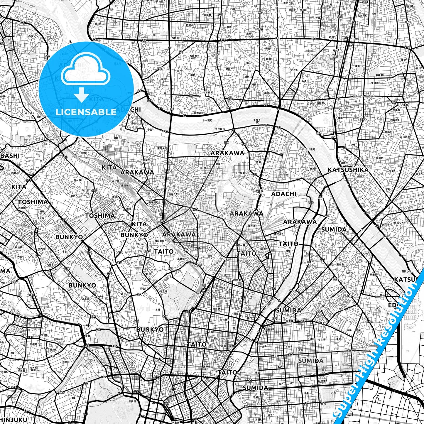 Arakawa, Japan Light Map with Street Names, City Names, and Districts