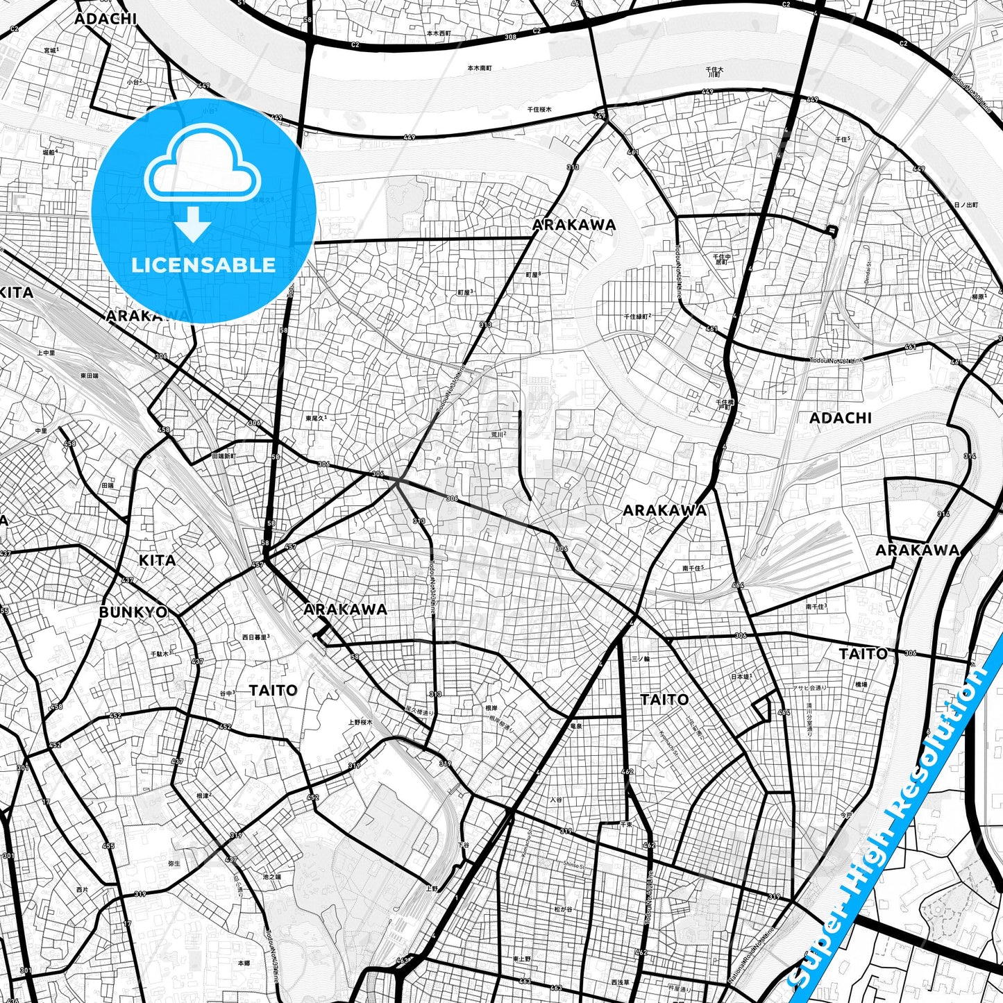 Arakawa, Japan Light Map with Street Names, City Names, and Districts
