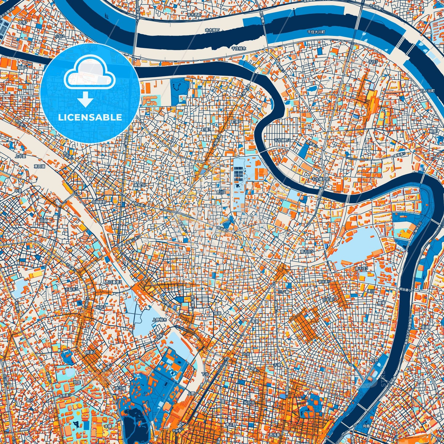 Colorful Arakawa Street Map with Labels and Buildings
