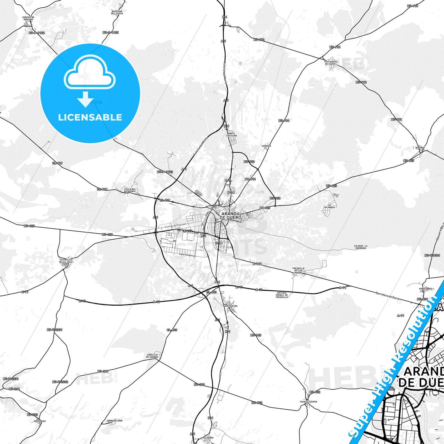 Aranda de Duero, Spain light map with streetnames, citynames and districts