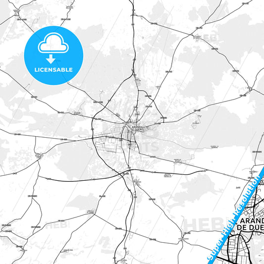 Aranda de Duero, Spain light map with streetnames, citynames and districts