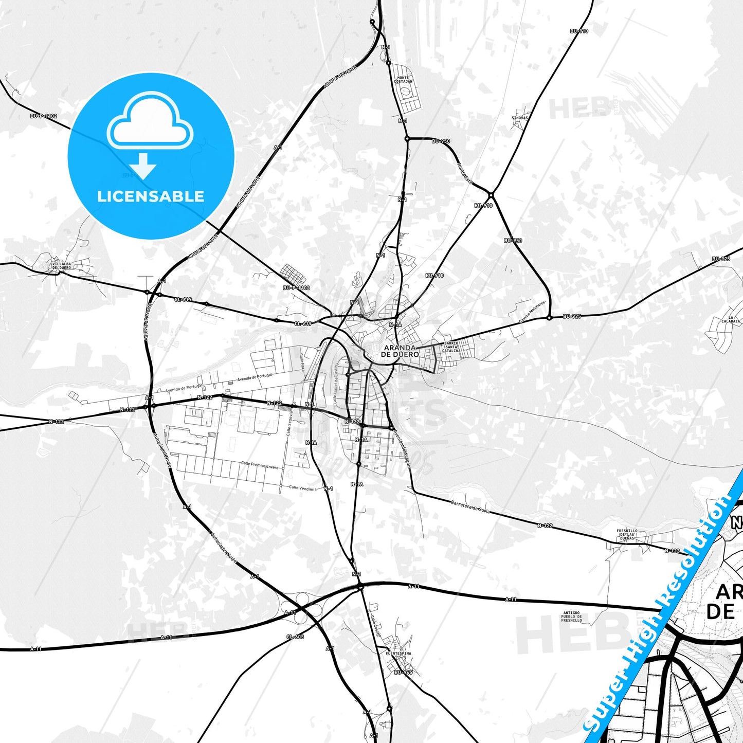 Aranda de Duero, Spain Light Map with Street Names, City Names, and Districts