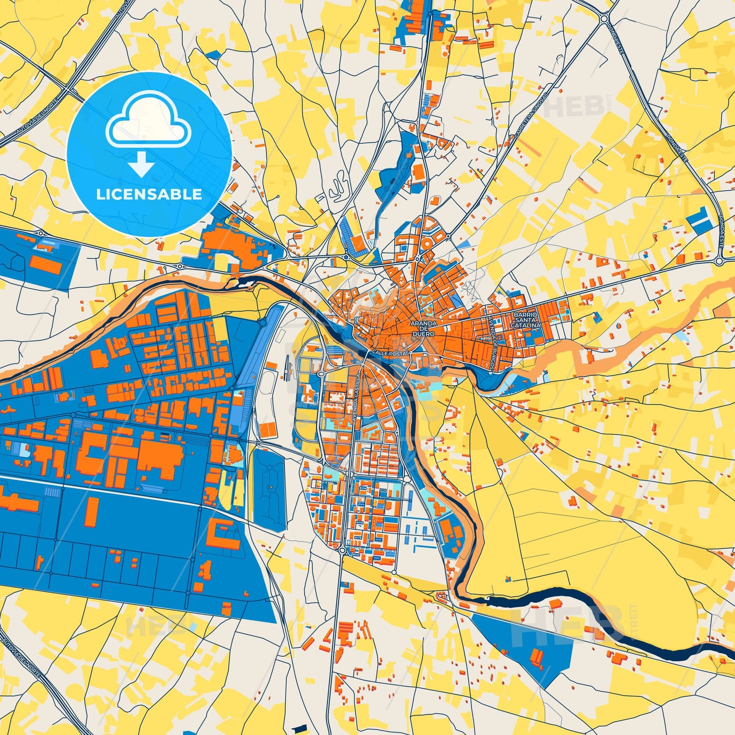 Colorful Aranda de Duero Street Map with Labels and Buildings
