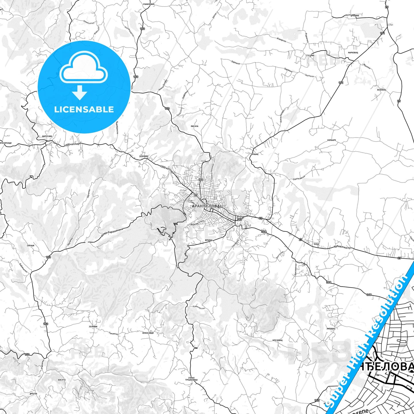 Aranđelovac, Serbia light map with streetnames, citynames and districts