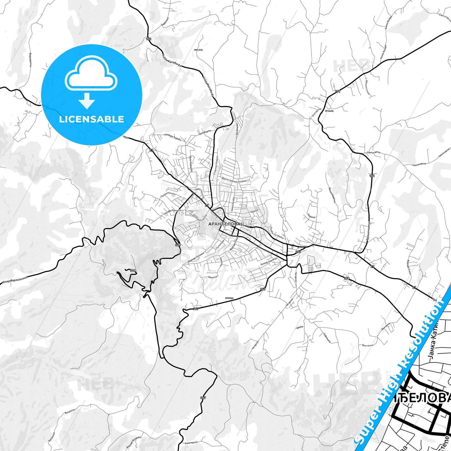 Aranđelovac, Serbia Light Map with Street Names, City Names, and Districts