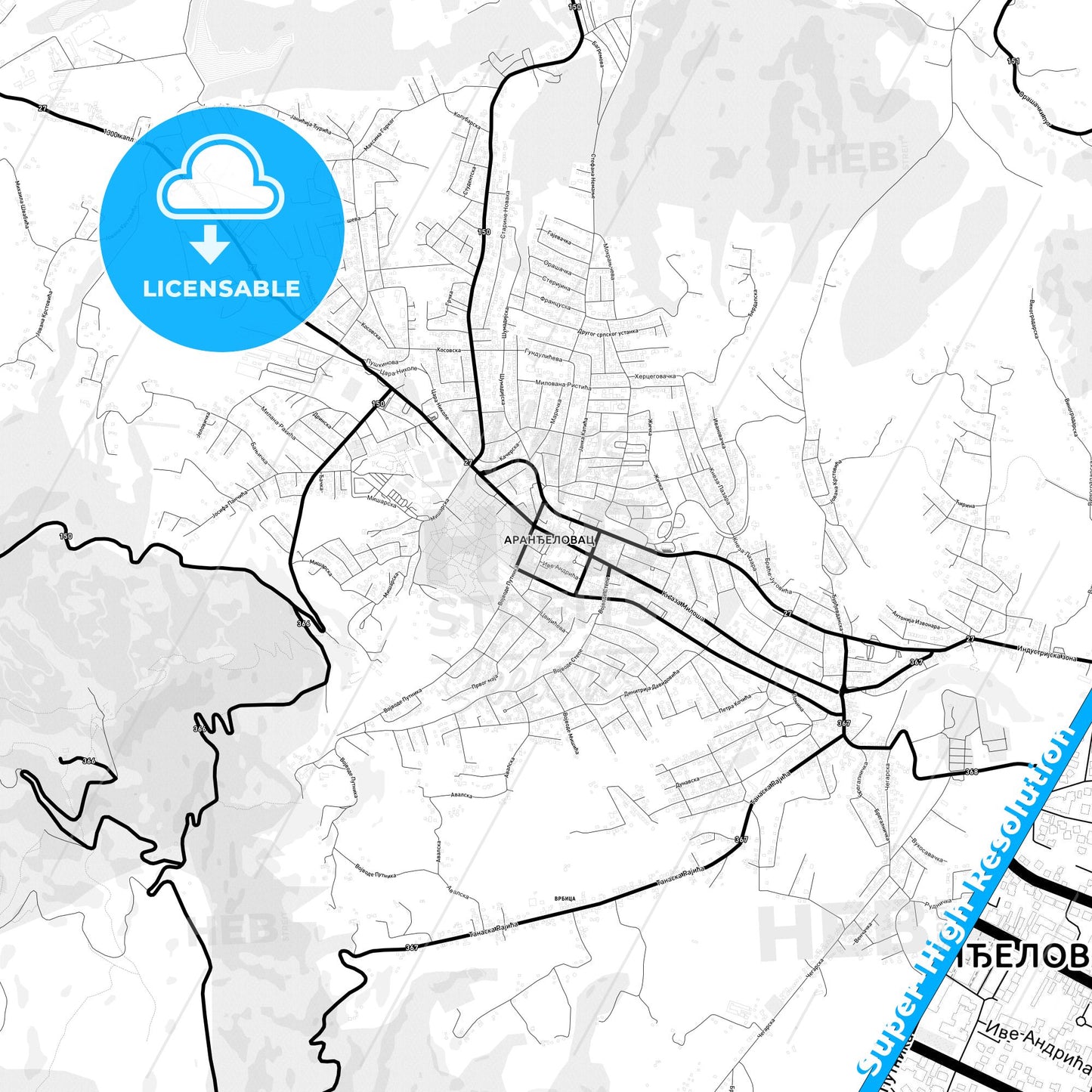 Aranđelovac, Serbia Light Map with Street Names, City Names, and Districts