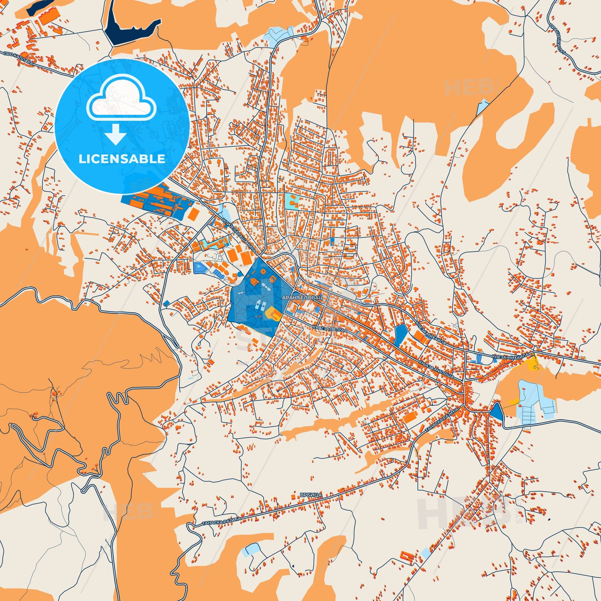 Colorful Aranđelovac Street Map with Labels and Buildings