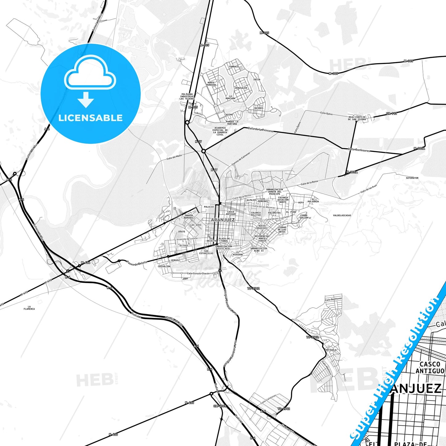 Aranjuez, Spain Light Map with Street Names, City Names, and Districts