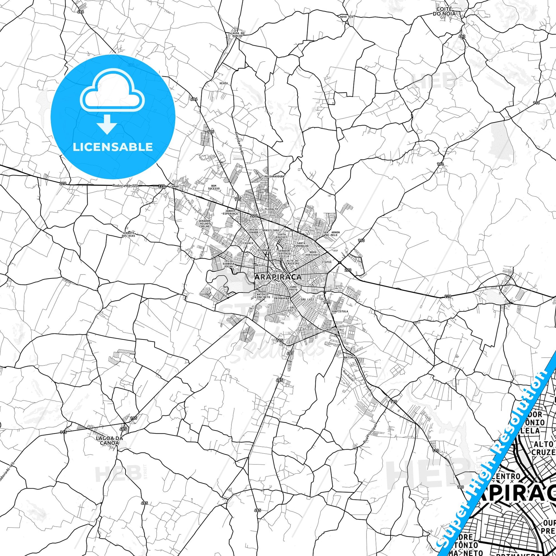 Arapiraca, Brazil light map with streetnames, citynames and districts
