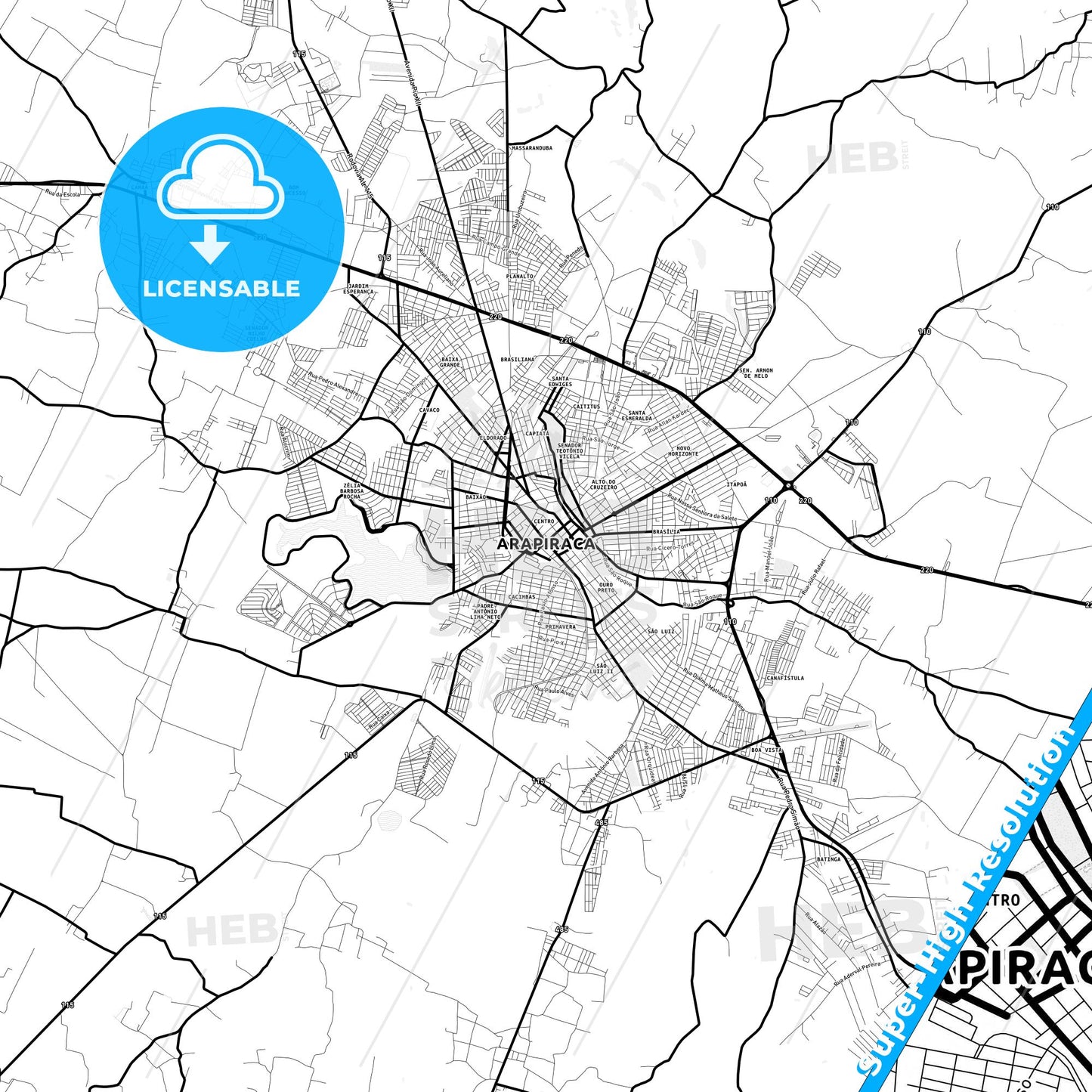 Arapiraca, Brazil Light Map with Street Names, City Names, and Districts
