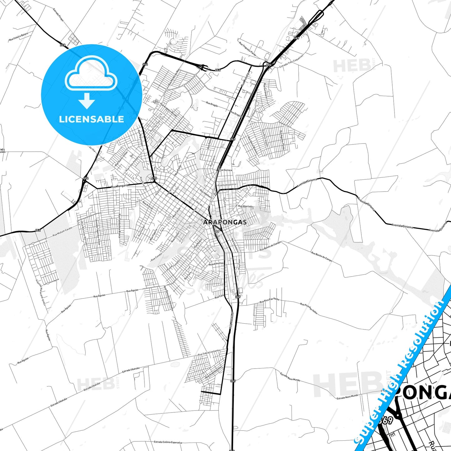 Arapongas, Brazil Light Map with Street Names, City Names, and Districts