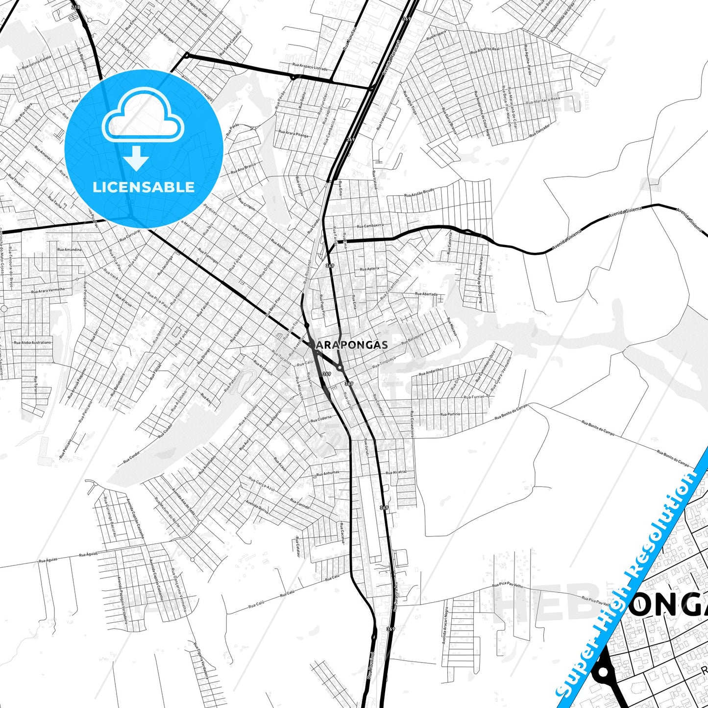 Arapongas, Brazil Light Map with Street Names, City Names, and Districts