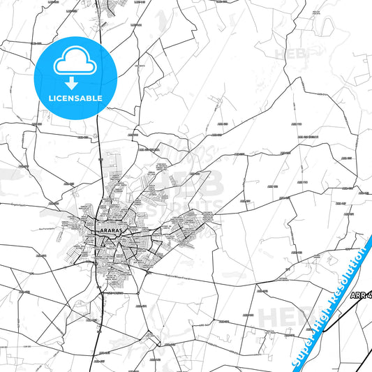 Araras, Brazil light map with streetnames, citynames and districts