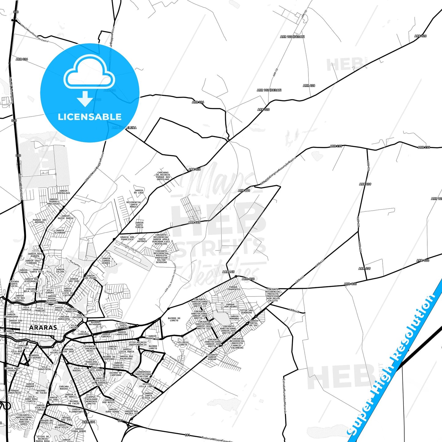 Araras, Brazil Light Map with Street Names, City Names, and Districts