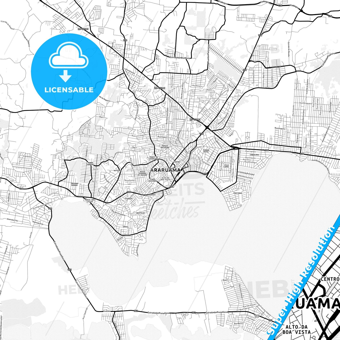 Araruama, Brazil Light Map with Street Names, City Names, and Districts