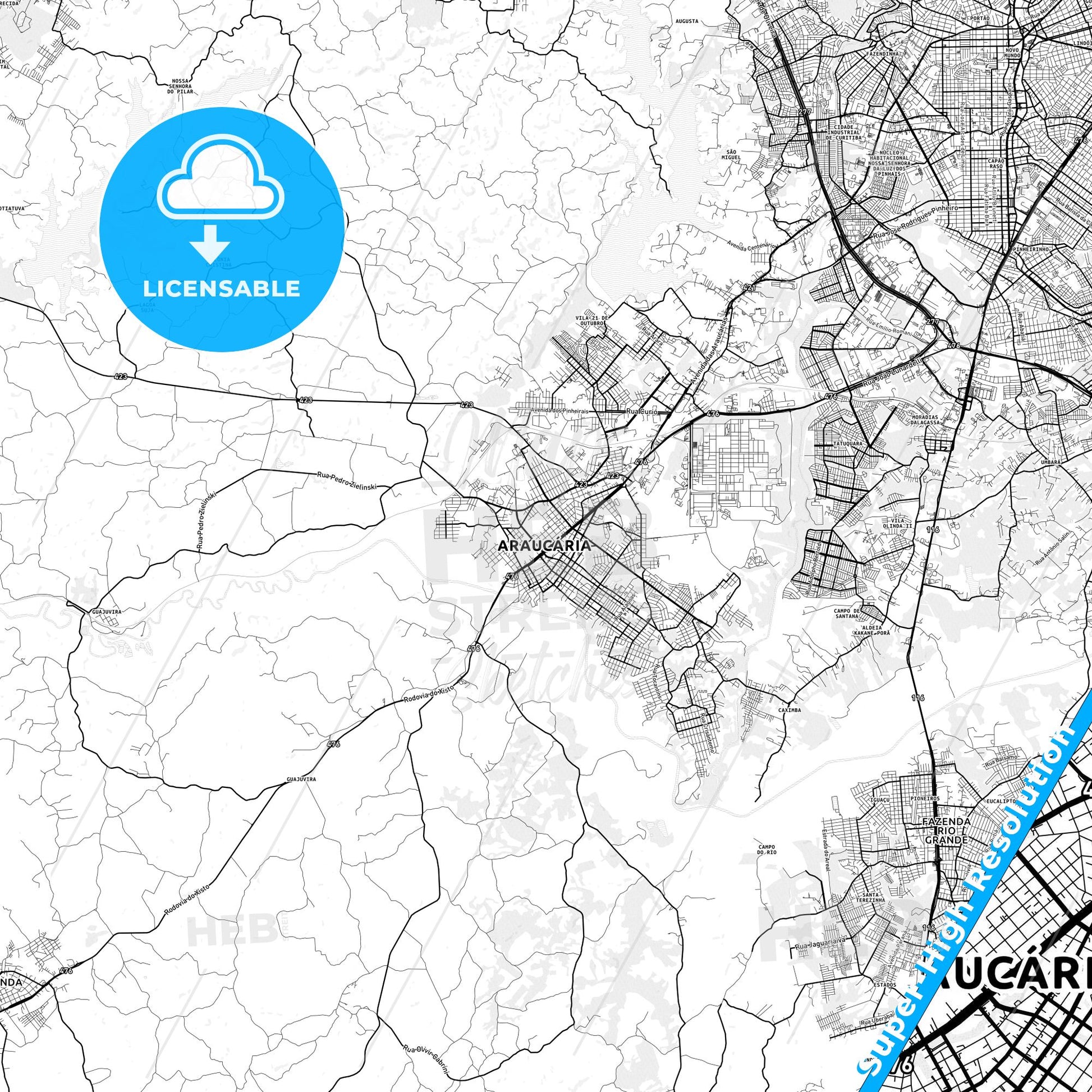 Araucaria, Brazil light map with streetnames, citynames and districts