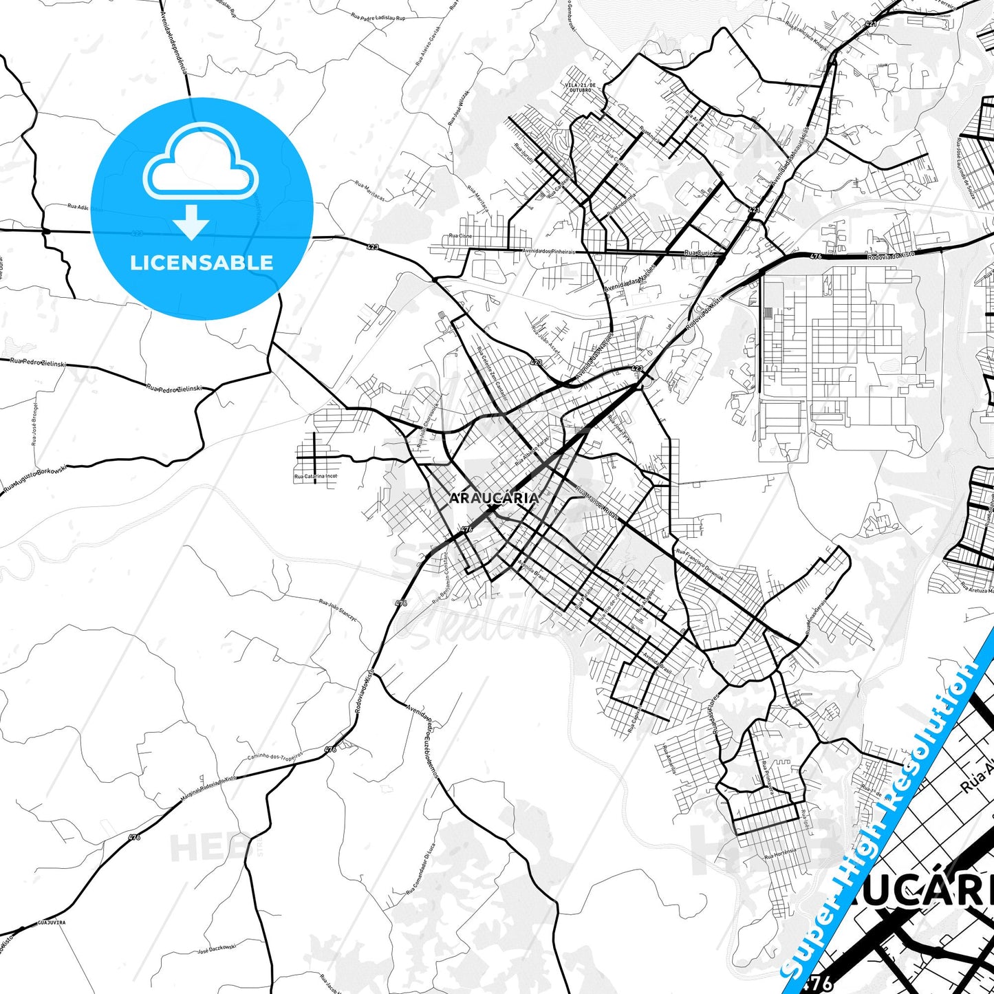 Araucaria, Brazil Light Map with Street Names, City Names, and Districts