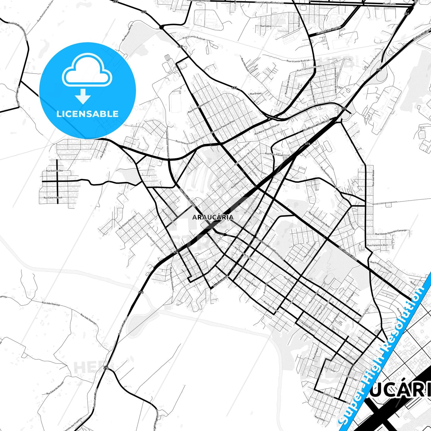Araucaria, Brazil Light Map with Street Names, City Names, and Districts