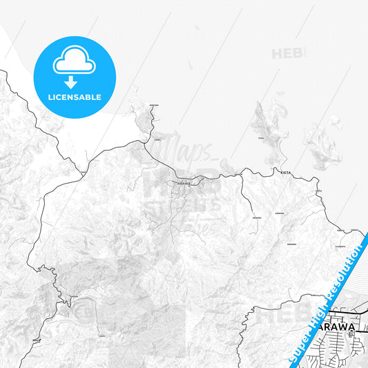 Arawa, Papua New Guinea light map with streetnames, citynames and districts
