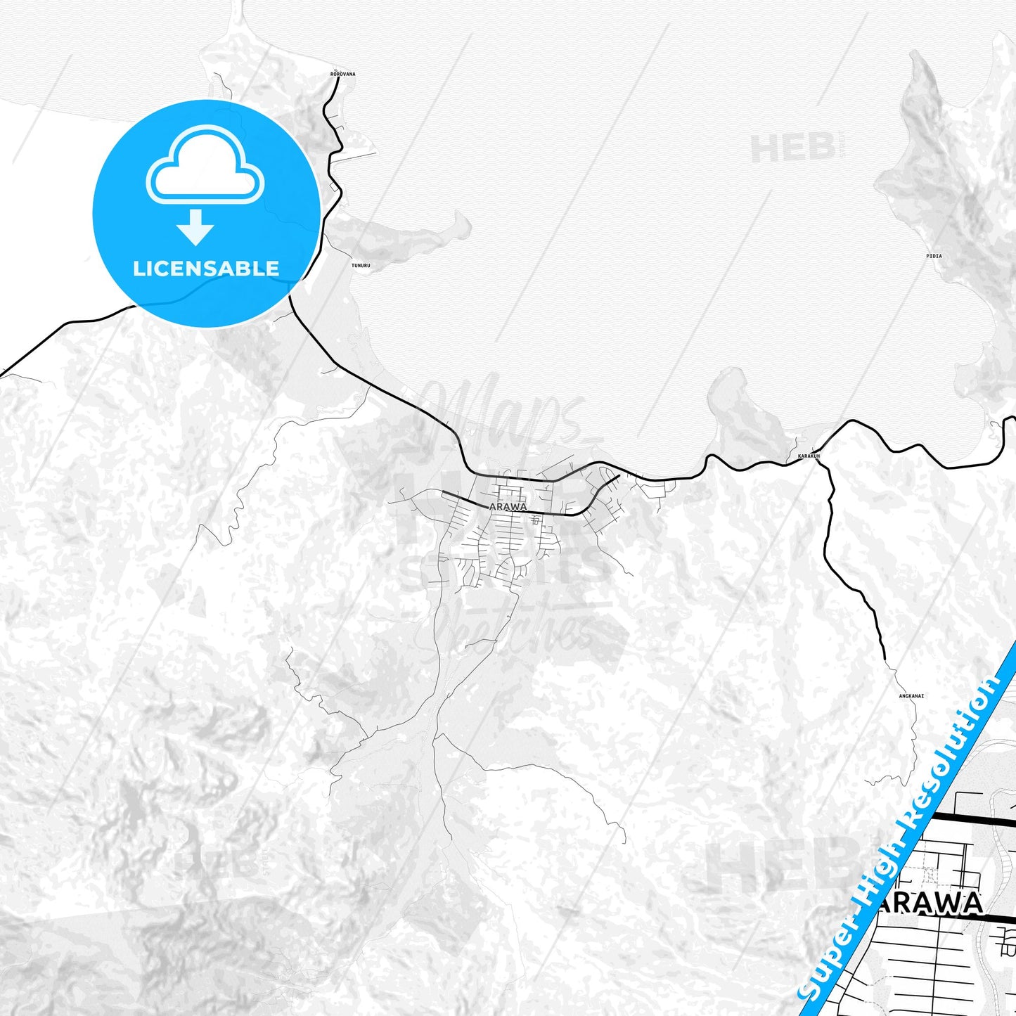 Arawa, Papua New Guinea Light Map with Street Names, City Names, and Districts