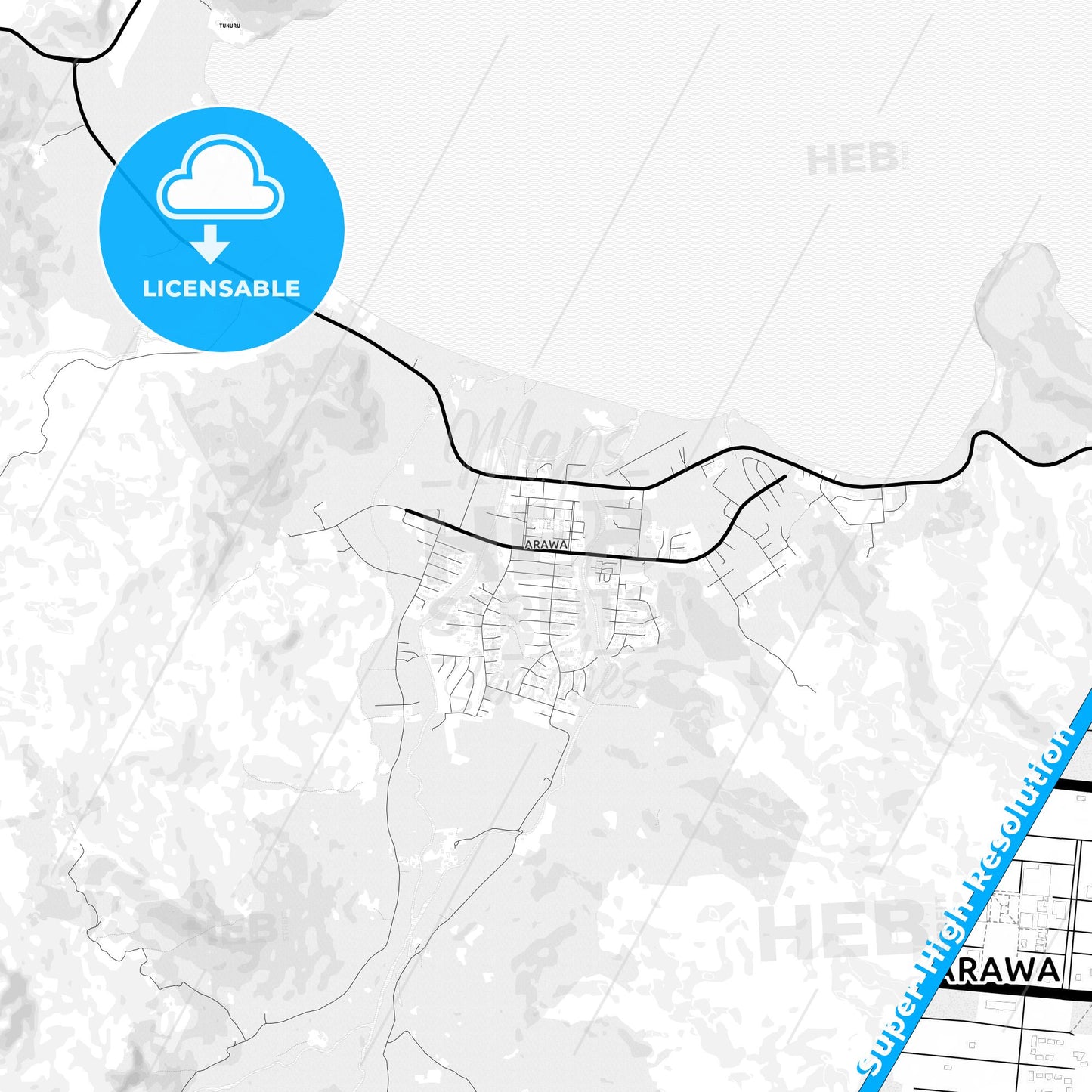 Arawa, Papua New Guinea Light Map with Street Names, City Names, and Districts