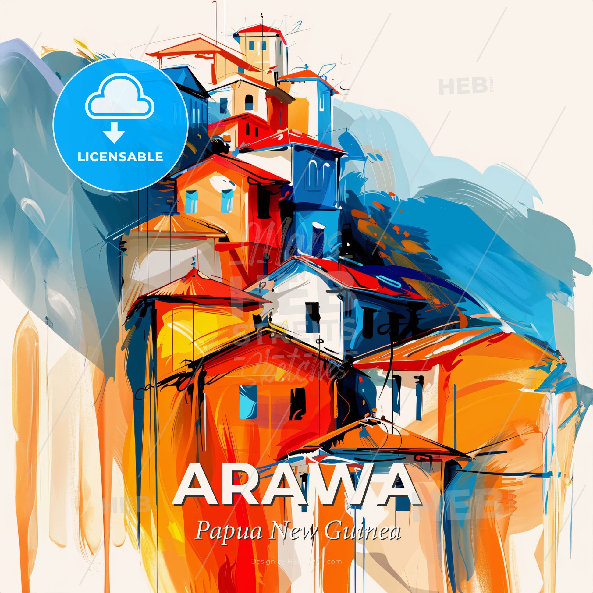 Vibrant Arawa, Papua New Guinea - A Painting Of A Group Of Buildings - Square format print template
