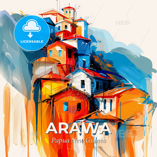 Vibrant Arawa, Papua New Guinea - A Painting Of A Group Of Buildings - Square format print template