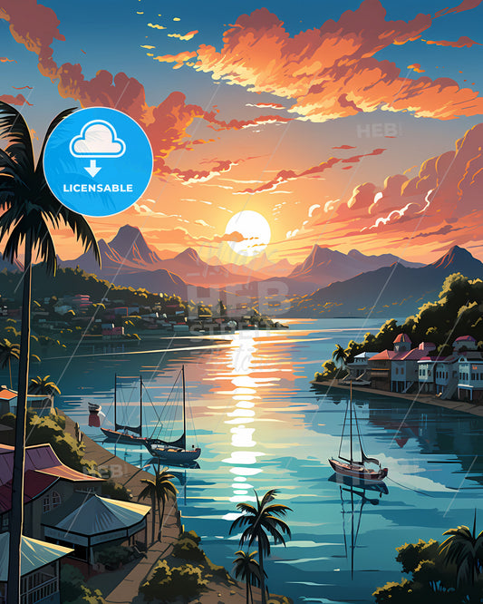 Colorful Arawa Papua New Guinea Painting Sunset Skyline Boats Palm Trees Art