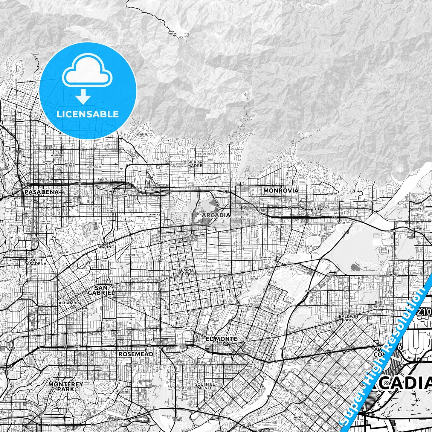 Arcadia, California light map with streetnames, citynames and districts