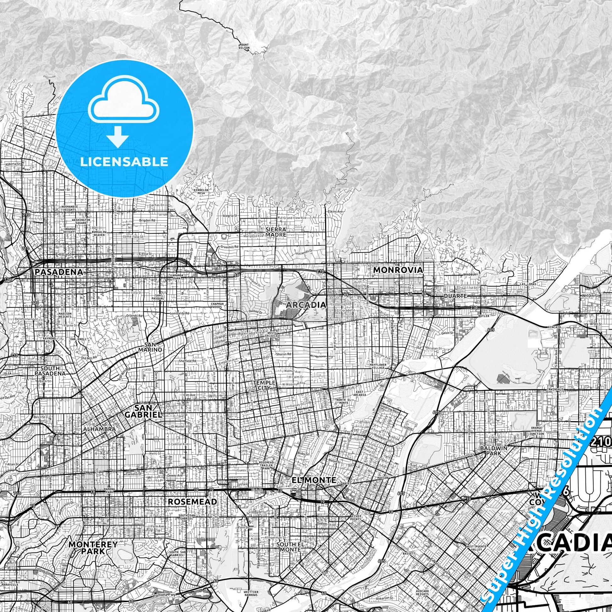 Arcadia, California light map with streetnames, citynames and districts