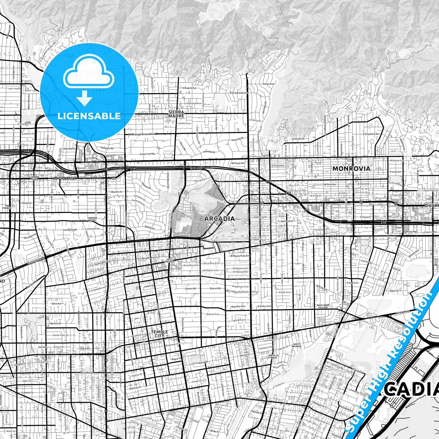 Arcadia, California Light Map with Street Names, City Names, and Districts