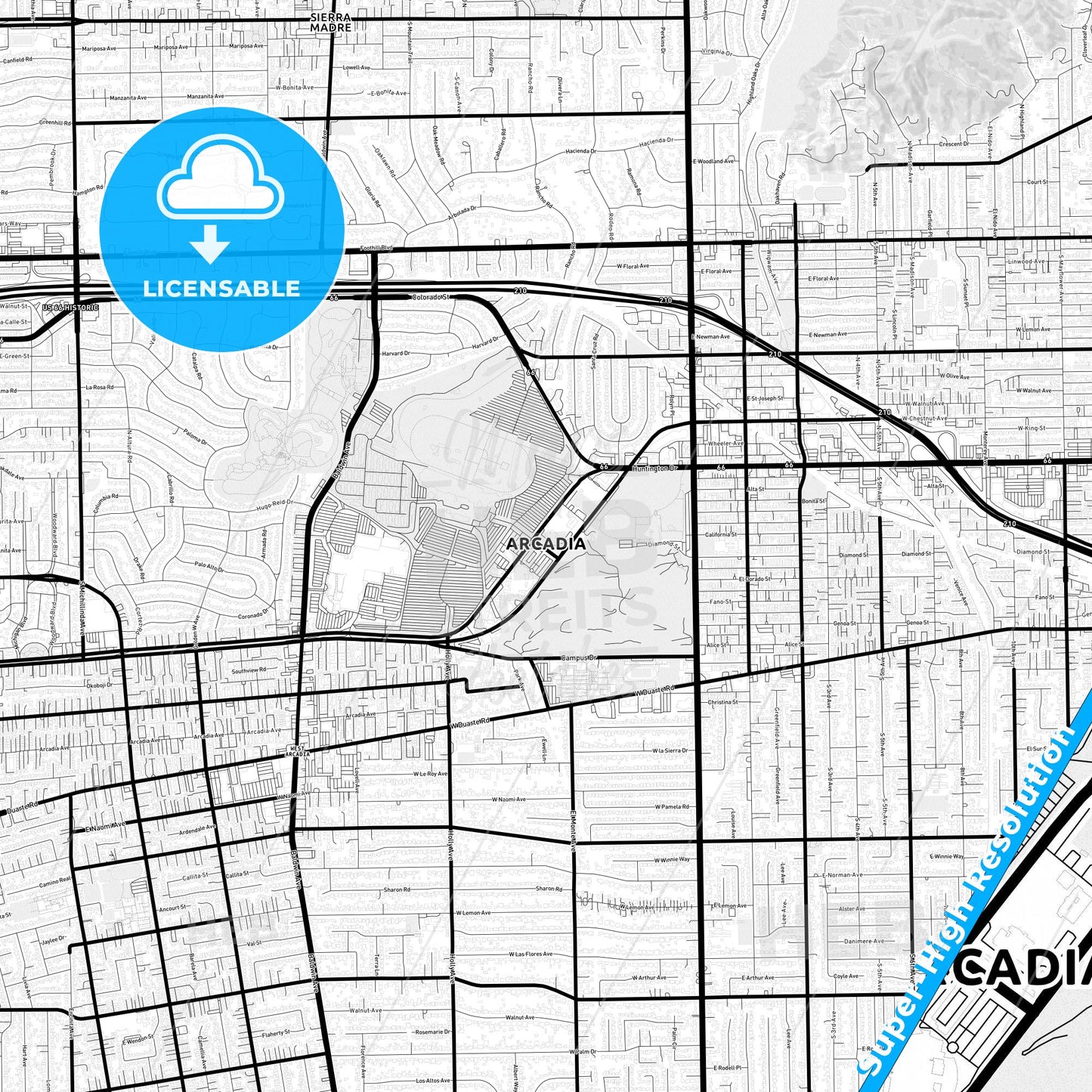 Arcadia, California Light Map with Street Names, City Names, and Districts