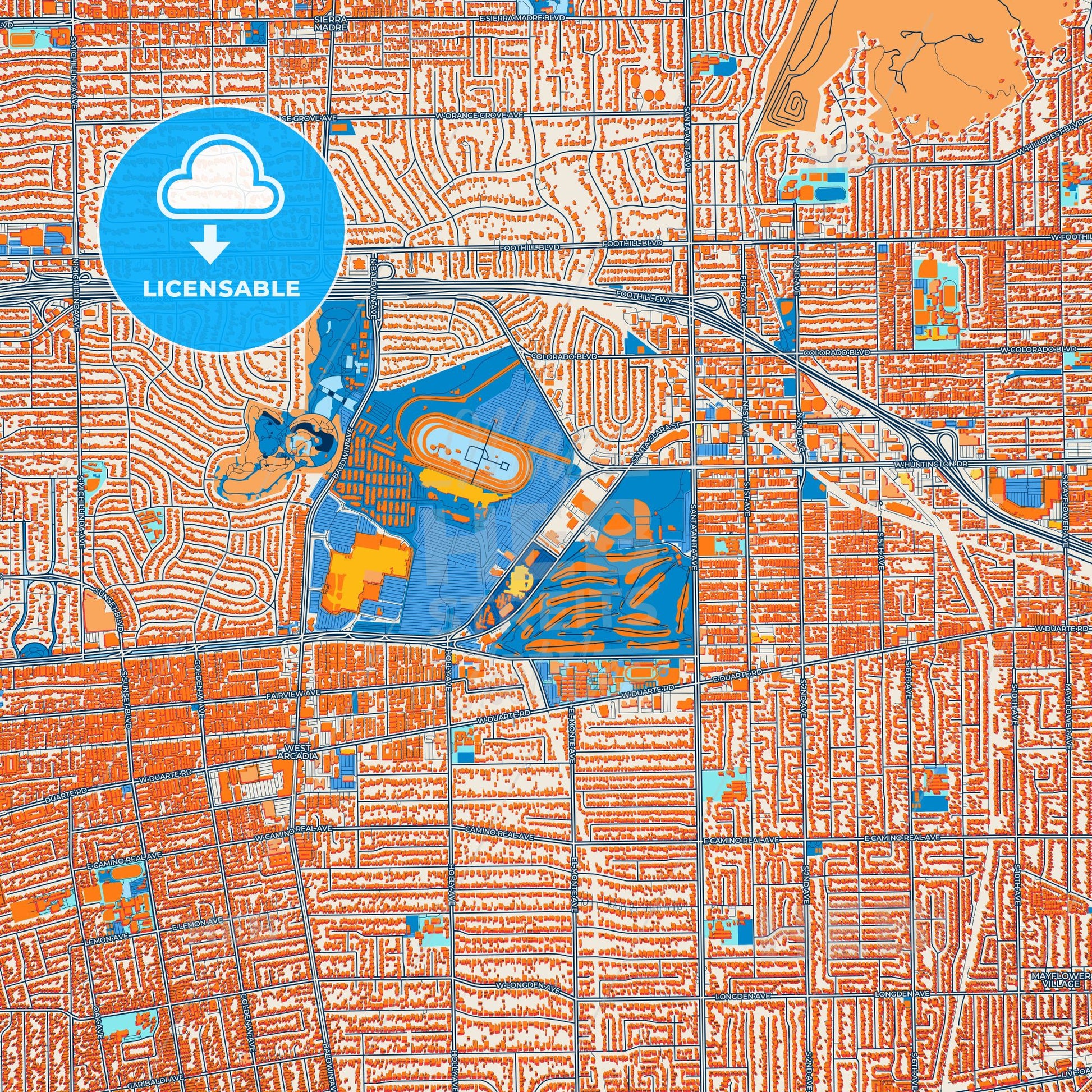 Colorful Arcadia Street Map with Labels and Buildings