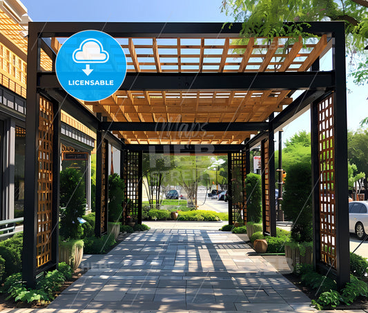Distinctive Pergola Walkway: Artfully Painted Metal Framing Accented by Wooden Rafters