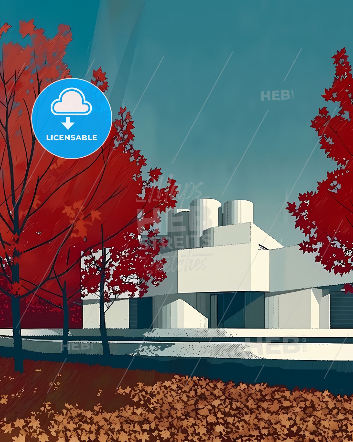 Abstract Architecture Poster Design Bauhaus Minimalist Building Painting Red Leaves