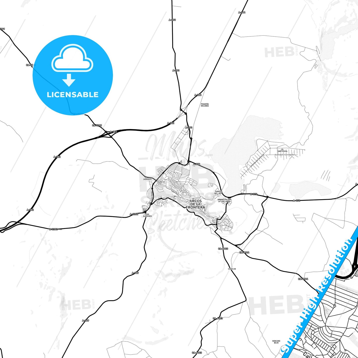 Arcos de la Frontera, Spain Light Map with Street Names, City Names, and Districts