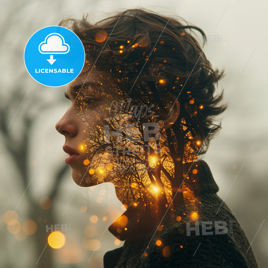 Arctic Aura: Cool Tones - A persons face with trees and lights