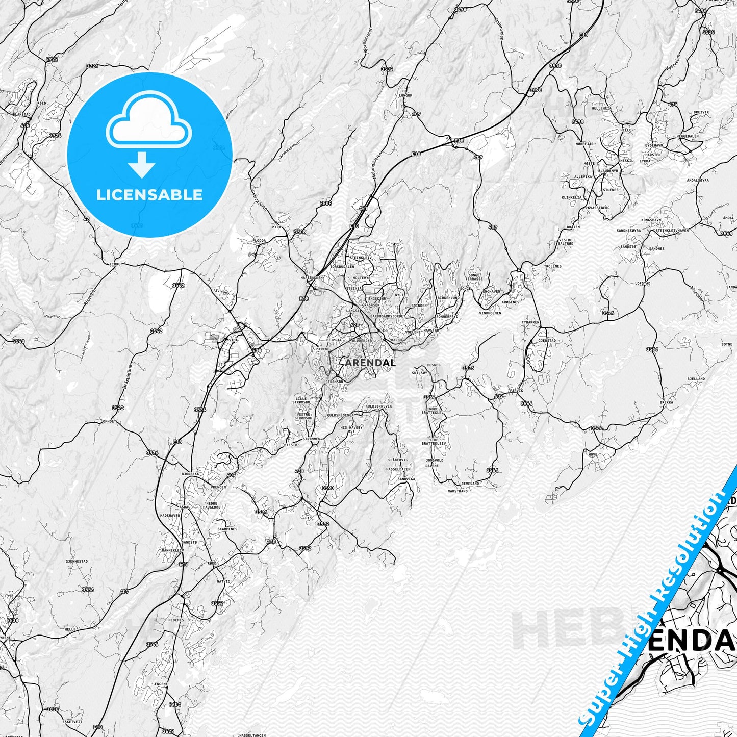 Arendal, Norway light map with streetnames, citynames and districts
